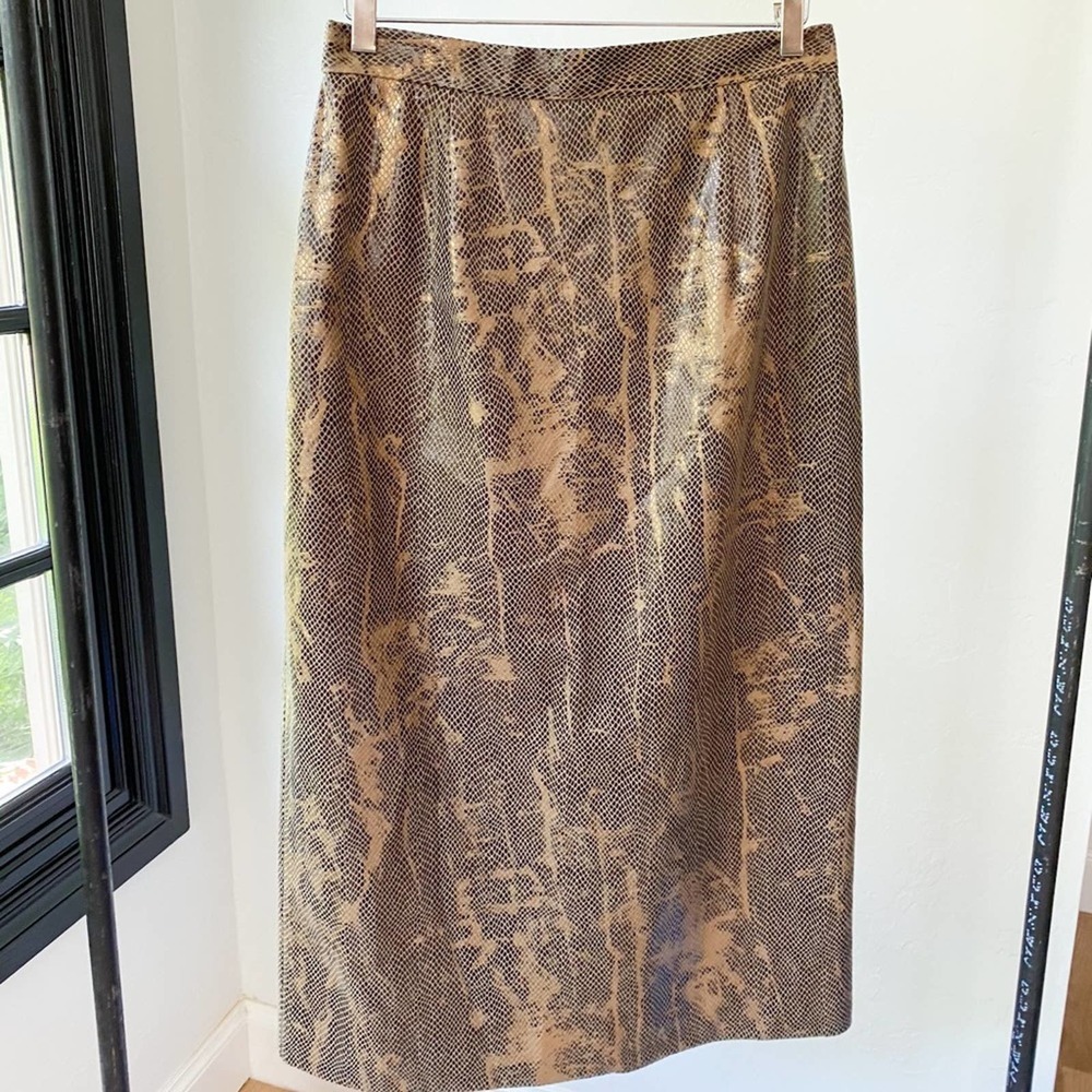 VINTAGE Women's Gold/Tan Metallic Snakeskin High Rise Midi Straight Skirt sz 10